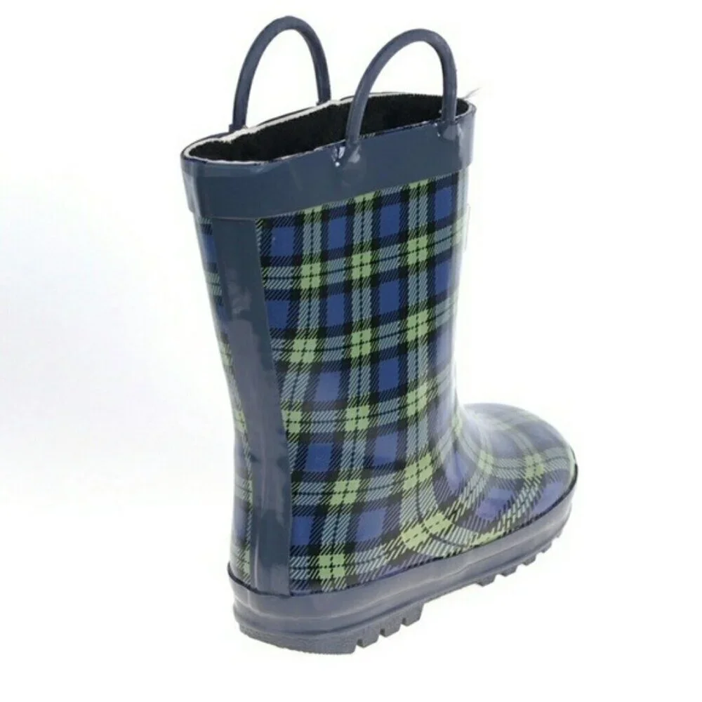 Kids Rainboots, Faux Fur Lined Rain Boots, K-1557 Blue Plaid, Size Little Kid 1